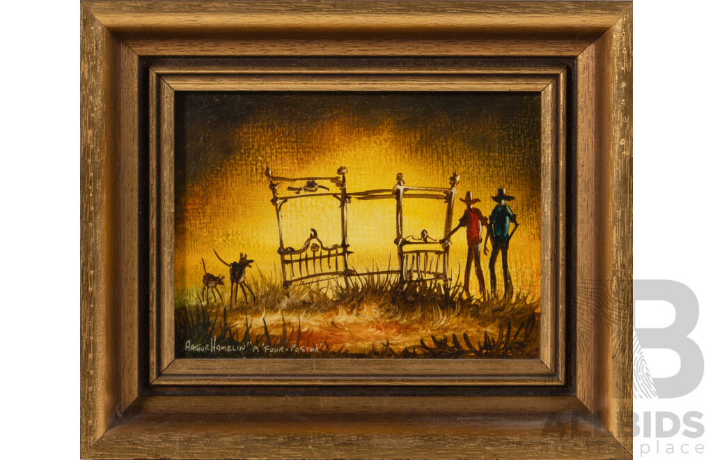 Arthur Hamblin (20th Century, Australian, 1933-.), 'Mangle & Crows' & 'A Four Poster', Wonderful Pair of Vintage Miniature Oils on Canvas Board, 18 x 22 cm (frames) (2)