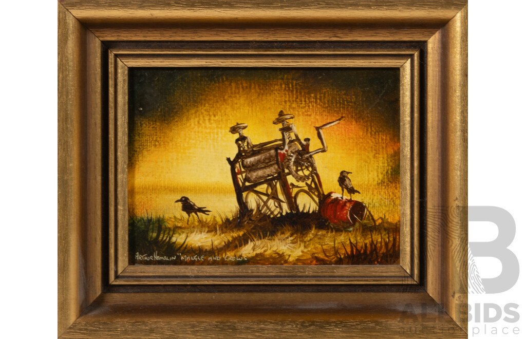 Arthur Hamblin (20th Century, Australian, 1933-.), 'Mangle & Crows' & 'A Four Poster', Wonderful Pair of Vintage Miniature Oils on Canvas Board, 18 x 22 cm (frames) (2)