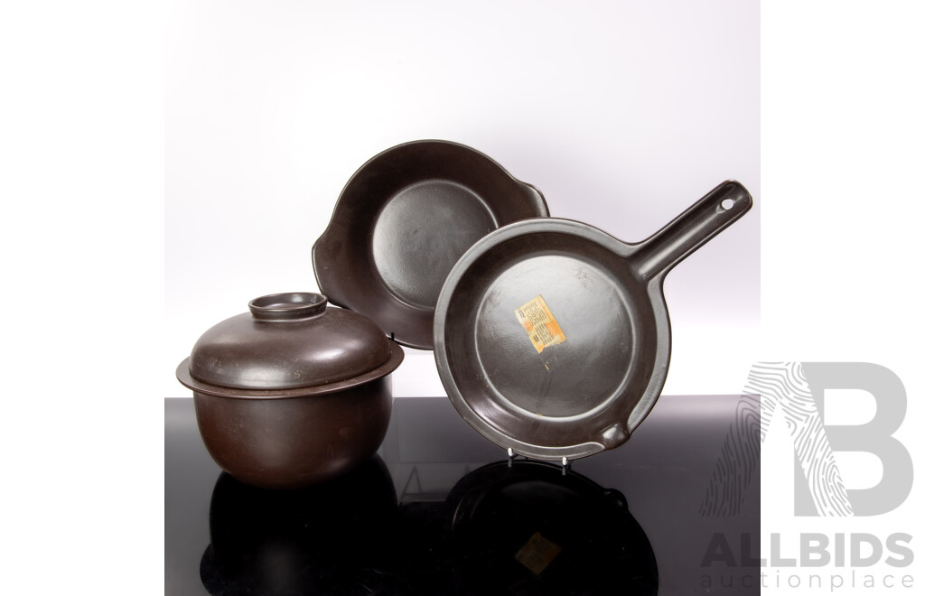 Three Pieces Mid Century Finnish Arabia Cookware Consisting of Fry Pan, Lidded Dish and Twin Handled Oven Dish