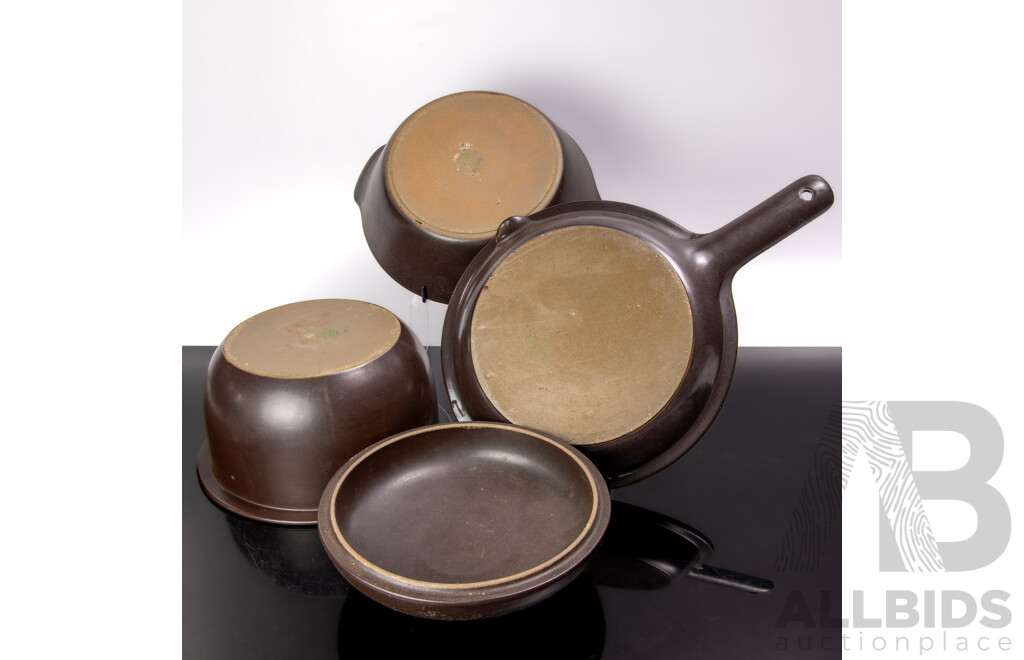 Three Pieces Mid Century Finnish Arabia Cookware Consisting of Fry Pan, Lidded Dish and Twin Handled Oven Dish