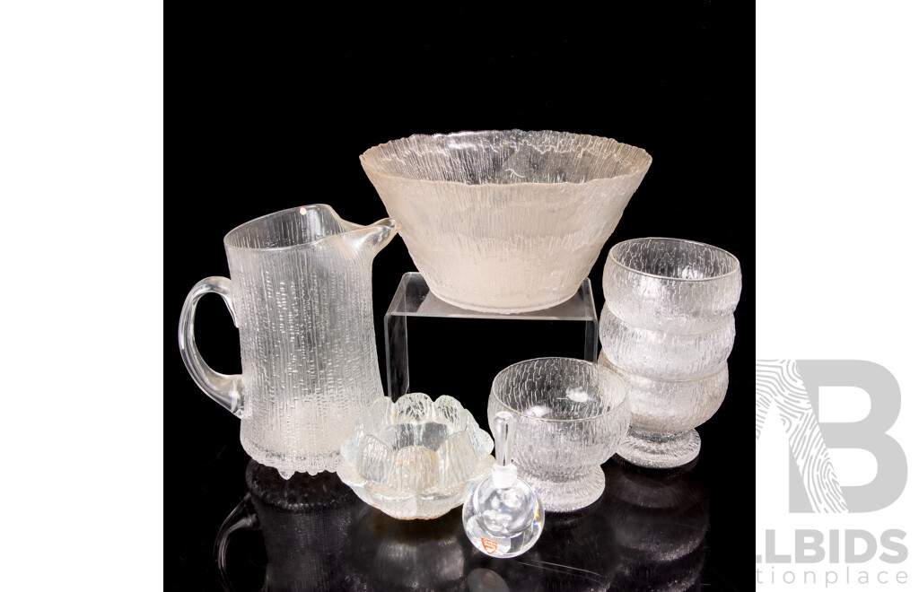 Mid Century Iittala Ultima Thule Pitcher with Set Four Footed Coupes, Serving Bowl and More