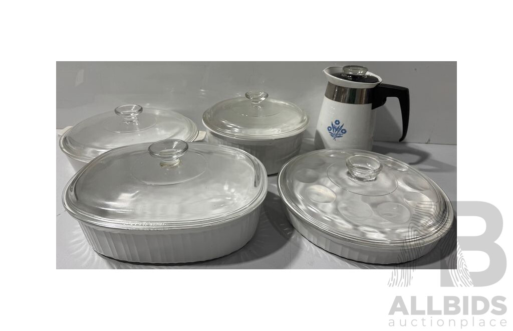 Collection Four Corning Ware Oven to Table Ceramic Dishes with Lids and Corning Ware Coffee Percolator