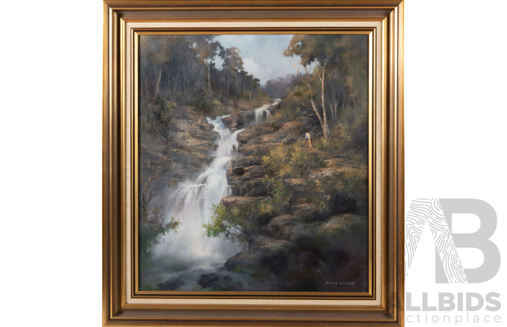 Henry Gilmour, (20th Century, Australian), Into The Headwaters, Wonderful Vintage Oil on Canvas Board, 62 x 57 cm (frame)