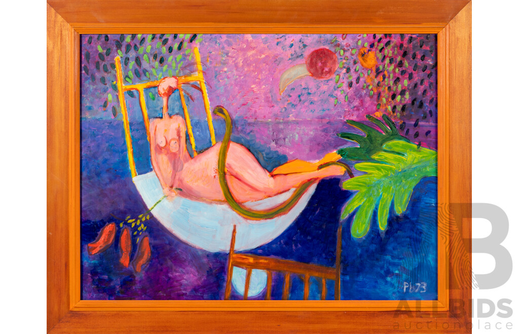 Paul Bentley, (20th Century, Australian), Eve Reclining (1973), Original Vintage Oil on Masonite, 57 x 72 cm (frame)