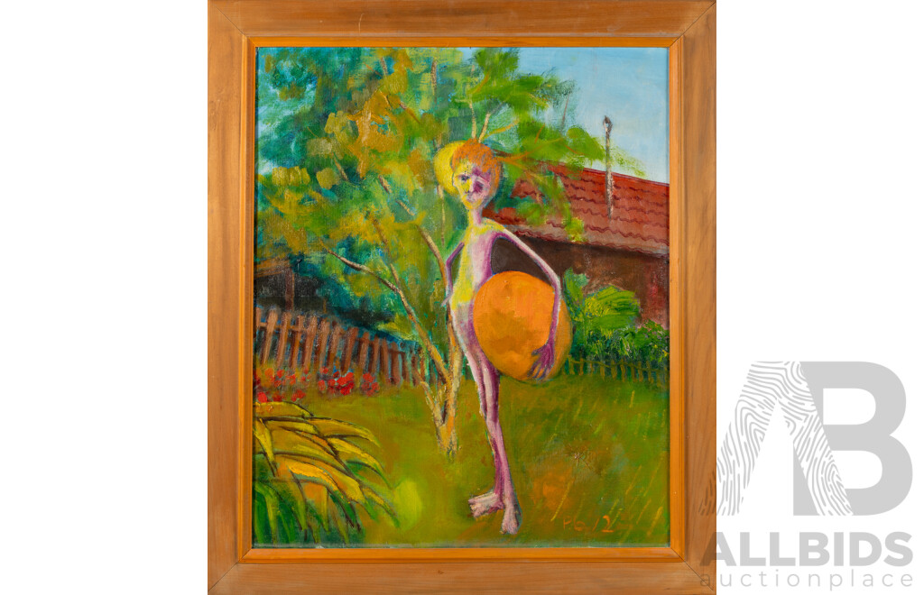 Paul Bentley, (20th Century, Australian), Naked Figure in Garden with Orange Ball (1972), Original Vintage Oil on Canvas Board, 72 x 62 cm (frame)