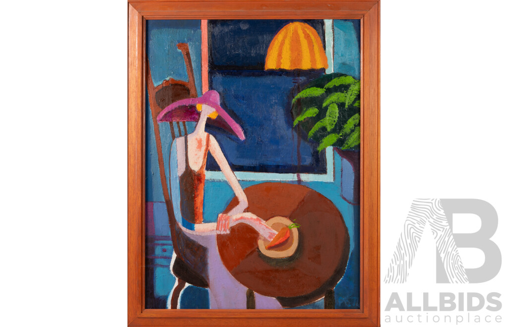 Paul Bentley, (20th Century, Australian), Girl In Hat With Carrot (1971), Original Vintage Oil on Masonite 68 x 53 cm (frame)