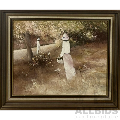 Mary Jupp (20th Century), Flower Picking, Vintage Oil on Canvas, 52 x 62 cm (frame)