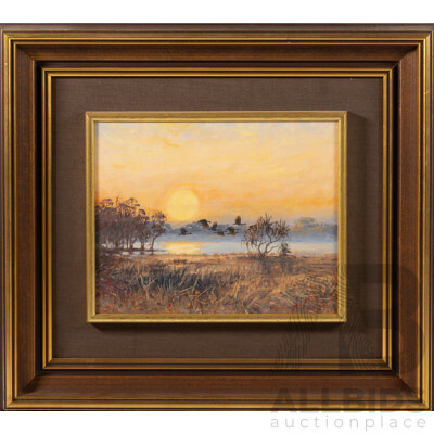 William (Bill) Beavan (20th Century, South African-Australian, 1944-2005), Sun Smoke & Geese, Kakadu NT (1983), Original Oil on Board, 40 x 45 cm (frame)
