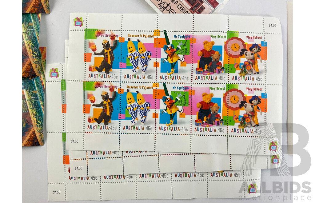 Collection of Australian Mini Stamp Sheets Including 1976 Stamp Week,1980 Stamp Week(22) Bananas in Pajamas(3) Space(3) Native Plants