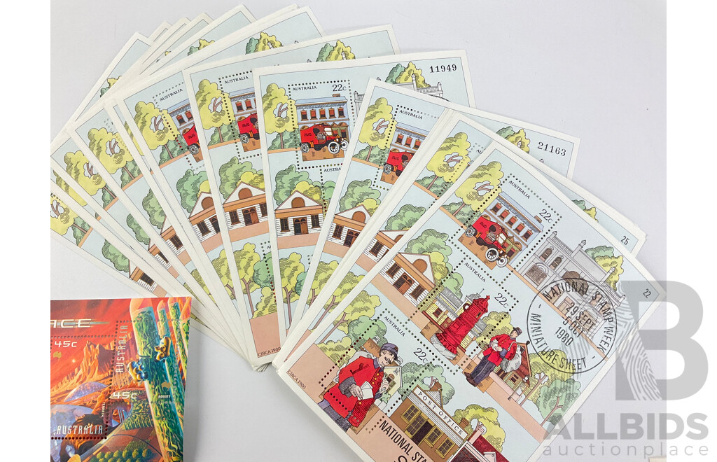 Collection of Australian Mini Stamp Sheets Including 1976 Stamp Week,1980 Stamp Week(22) Bananas in Pajamas(3) Space(3) Native Plants
