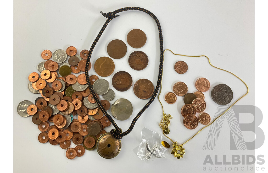 Collection of Mostly International Copper Coins Including Australian QE2 Pennies, One and Two Cent, Philippines, USA, 1948 Penny Pendant