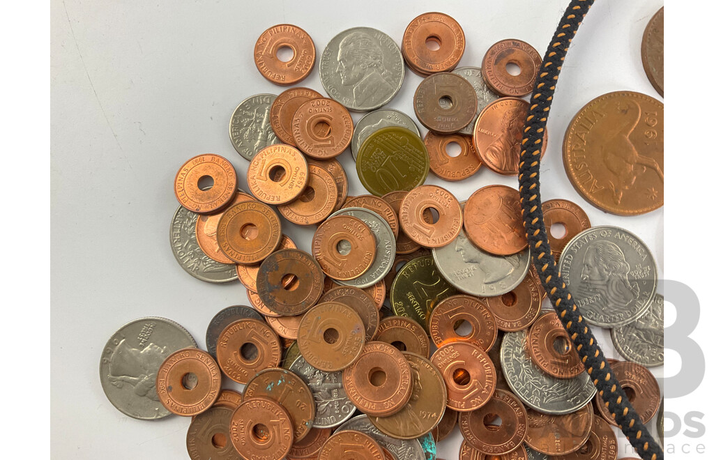 Collection of Mostly International Copper Coins Including Australian QE2 Pennies, One and Two Cent, Philippines, USA, 1948 Penny Pendant