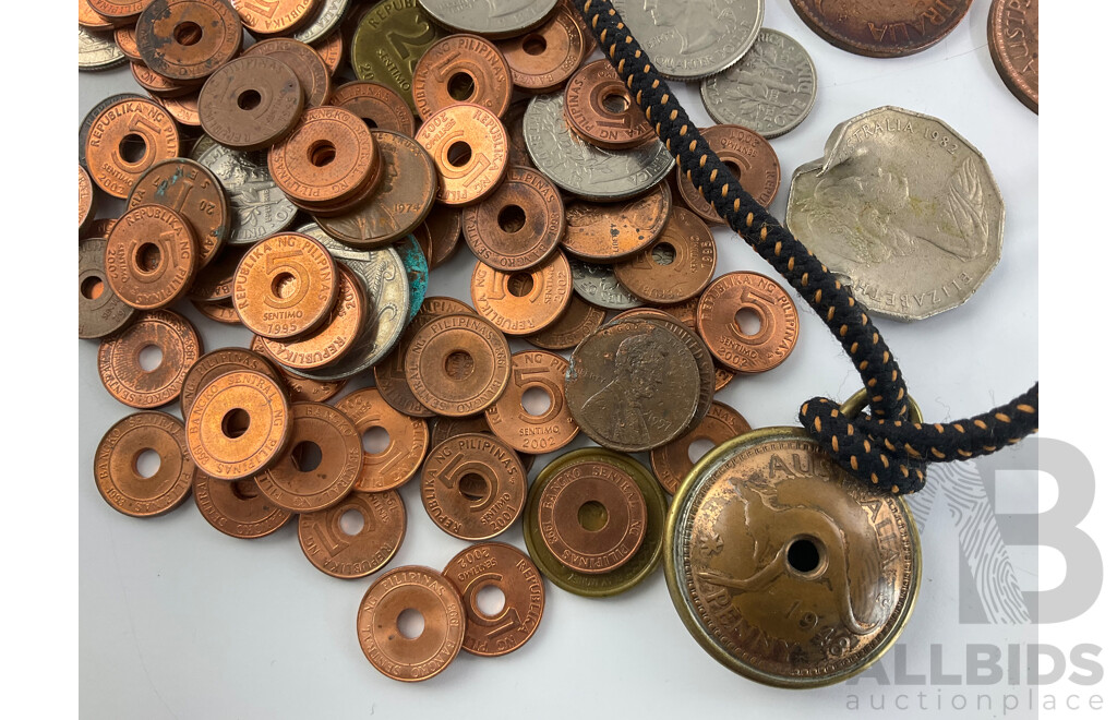 Collection of Mostly International Copper Coins Including Australian QE2 Pennies, One and Two Cent, Philippines, USA, 1948 Penny Pendant