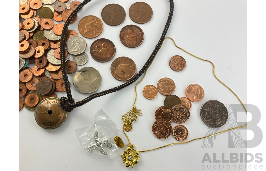 Collection of Mostly International Copper Coins Including Australian QE2 Pennies, One and Two Cent, Philippines, USA, 1948 Penny Pendant