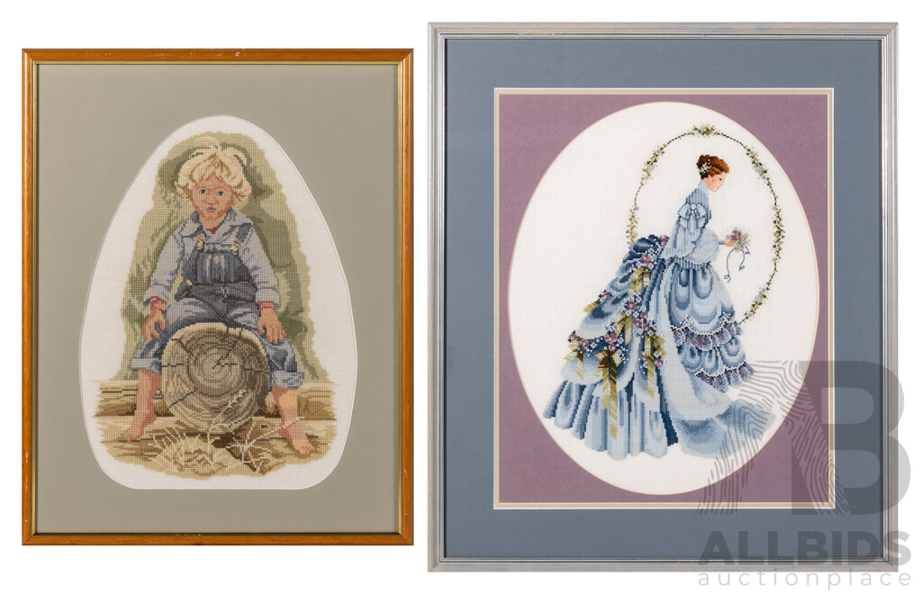 Artists Unknown (20th Century), Little Boy on Log & the Bride with Pearls, Pair of Wonderfully Handmade Cross Stitches on Linen Panels, 61 x 52 cm (largest frame) (2)