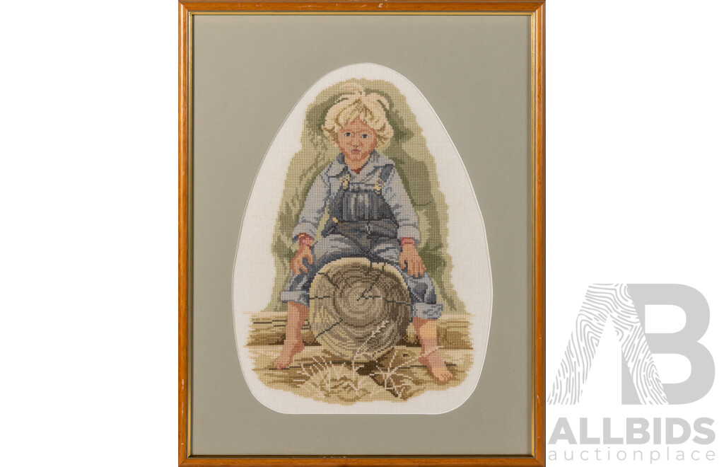 Artists Unknown (20th Century), Little Boy on Log & the Bride with Pearls, Pair of Wonderfully Handmade Cross Stitches on Linen Panels, 61 x 52 cm (largest frame) (2)