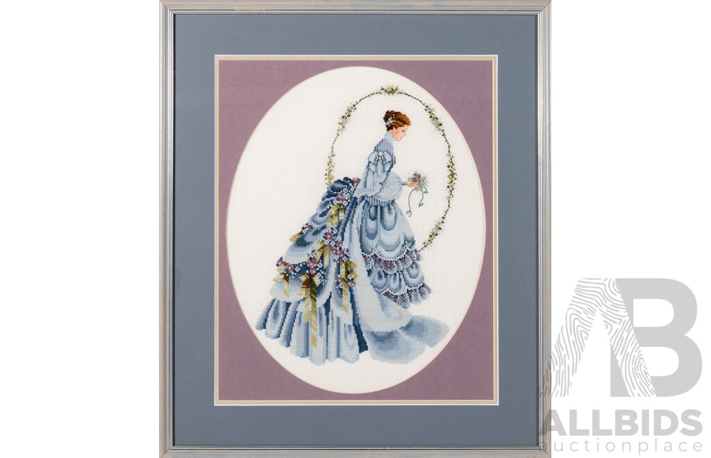 Artists Unknown (20th Century), Little Boy on Log & the Bride with Pearls, Pair of Wonderfully Handmade Cross Stitches on Linen Panels, 61 x 52 cm (largest frame) (2)