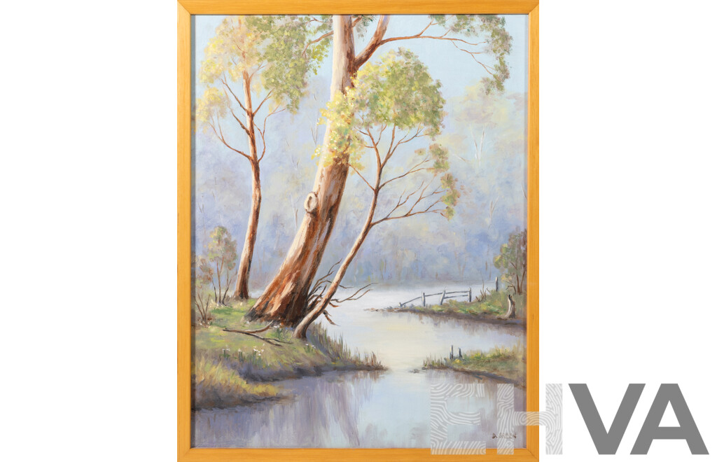 Doreen Green, (20th Century, Australian), Gum Tree by Winding River, Original Oil on Board, 45 x 35.5 cm (frame)