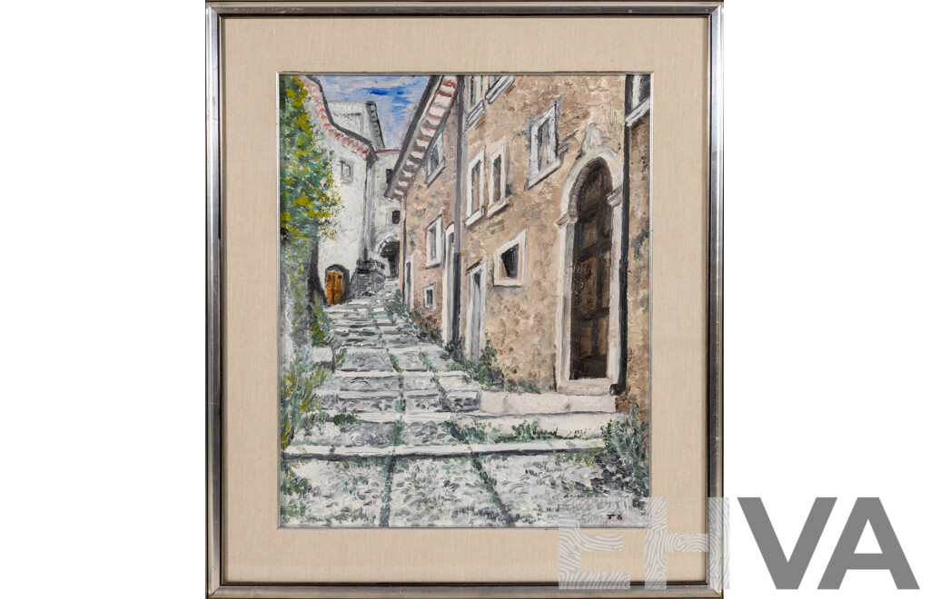 Benedetti (20th Century, Italian), Rocca Di Mezzo, Salita Dei Tre Archi [Middle Fortress; Climbing of the Three Arches], Wonderful Original Vintage Oil on Canvas Cloth, 65.5 x 56.5 cm (frame)