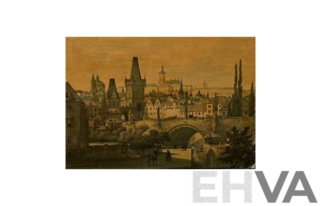 F.X. Sandmann (20th Century), View of Part of Prague in 1847, Coloured Lithograph Attached to Particle Board,  34 x 47 cm (edge to edge)