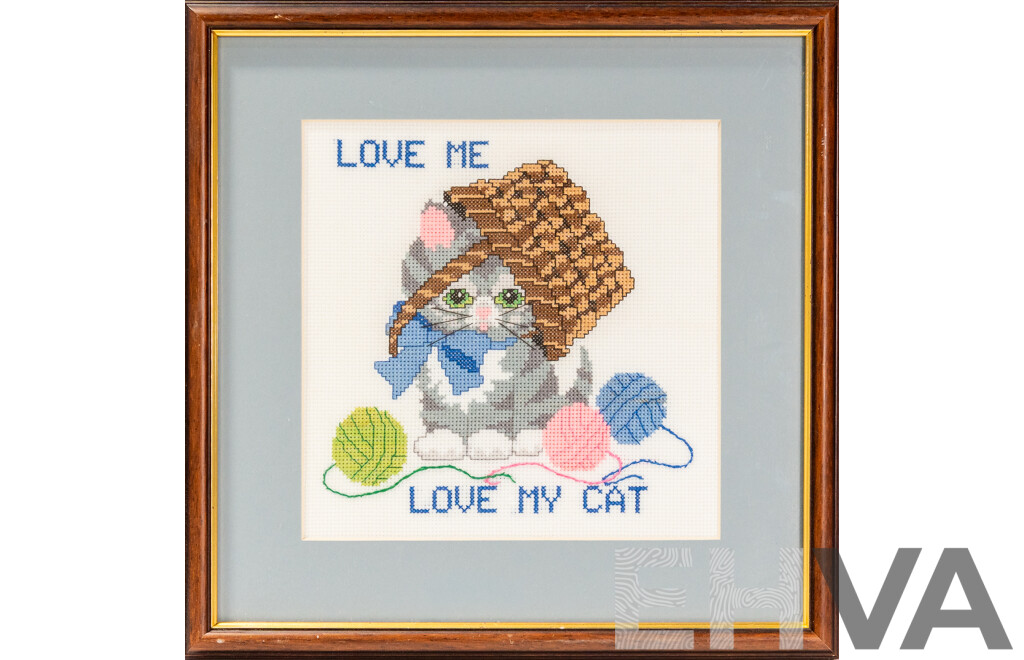 Artist Unknown, (20th Century, Australian), Love Me Love My Cat, Wonderful Handmade Cross Stitch, 32 x 32 cm (frame)