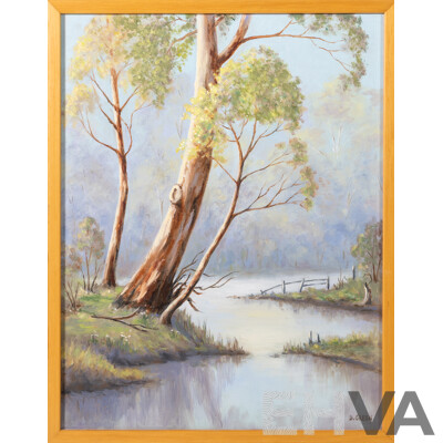 Doreen Green, (20th Century, Australian), Gum Tree by Winding River, Original Oil on Board, 45 x 35.5 cm (frame)