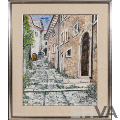 Benedetti (20th Century, Italian), Rocca Di Mezzo, Salita Dei Tre Archi [Middle Fortress; Climbing of the Three Arches], Wonderful Original Vintage Oil on Canvas Cloth, 65.5 x 56.5 cm (frame)