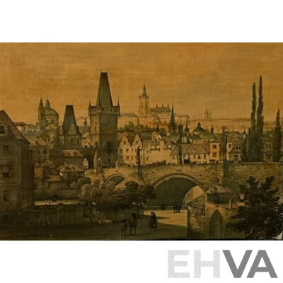 F.X. Sandmann (20th Century), View of Part of Prague in 1847, Coloured Lithograph Attached to Particle Board,  34 x 47 cm (edge to edge)