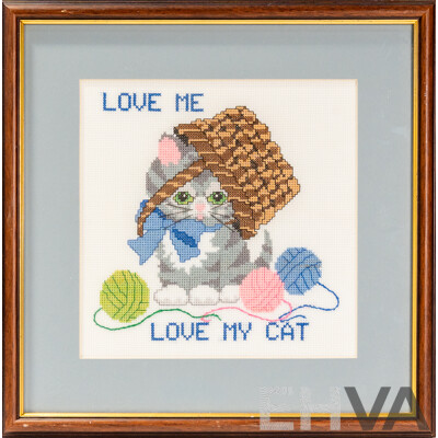 Artist Unknown, (20th Century, Australian), Love Me Love My Cat, Wonderful Handmade Cross Stitch, 32 x 32 cm (frame)