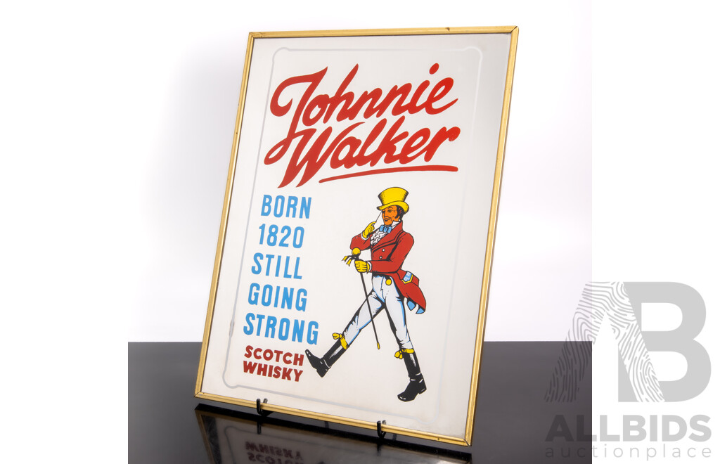 Wonderful Vintage Johnnie Walker Mirrored Scotch Whiskey Pub Art, 'Born 1820 Still Going Strong', 38 X 28 Cm (frame)