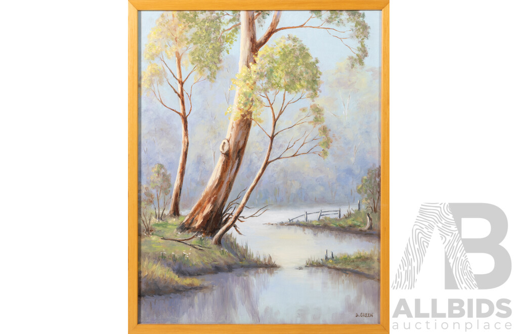 Doreen Green, (20th Century, Australian), Gum Tree by Winding River, Original Oil on Board, 45 x 35.5 cm (frame)