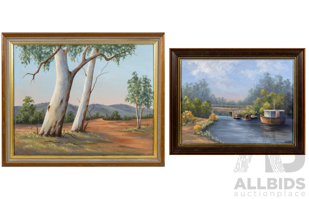 Doreen Green, (20th Century, Australian), Gum Trees & Boats by Bridge, Original Pair of Oil on Board & Canvas, 48 x 58 cm (frame) & 38 x 48 cm (frame) (2)
