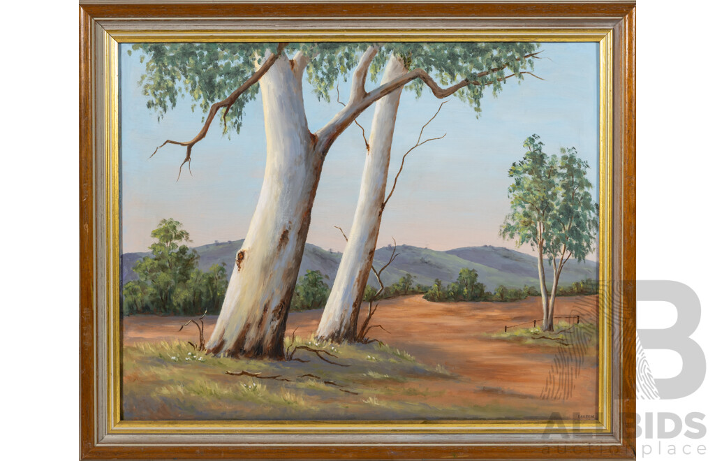 Doreen Green, (20th Century, Australian), Gum Trees & Boats by Bridge, Original Pair of Oil on Board & Canvas, 48 x 58 cm (frame) & 38 x 48 cm (frame) (2)