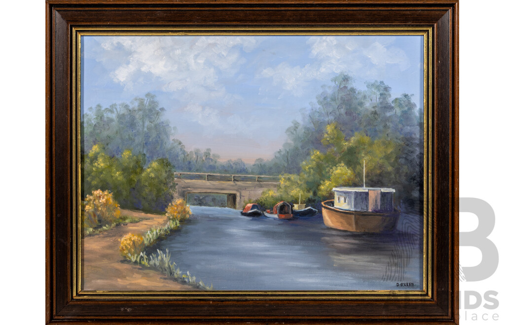 Doreen Green, (20th Century, Australian), Gum Trees & Boats by Bridge, Original Pair of Oil on Board & Canvas, 48 x 58 cm (frame) & 38 x 48 cm (frame) (2)