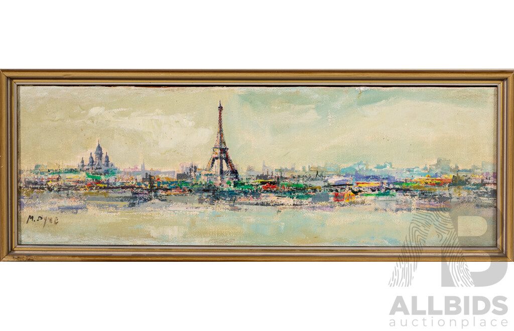 M. Dyne, (20th Century), View of Paris with Eiffel Tower (1976), Vintage Oil on Canvas Board, 24.5 x 63.5 cm (frame)
