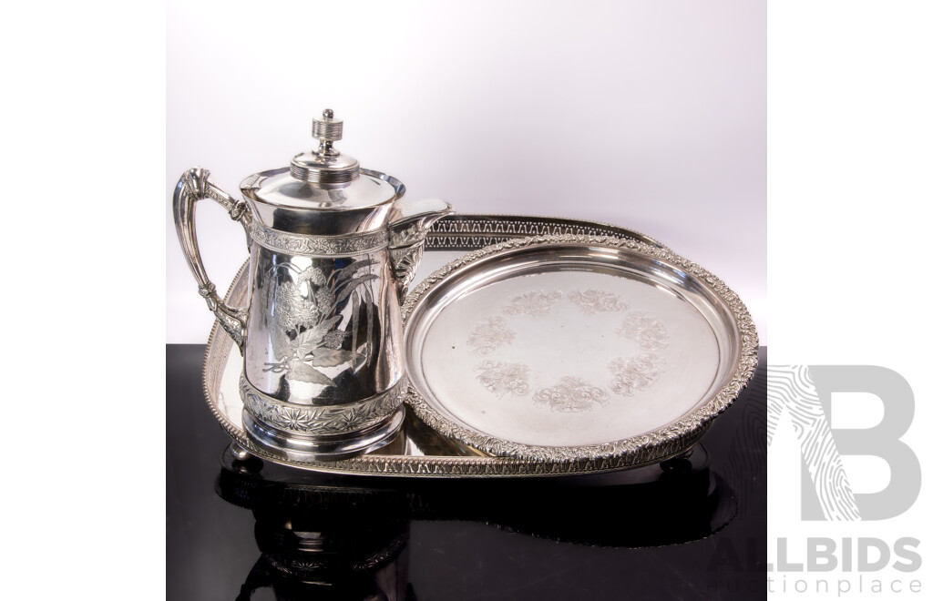 Hecworth Reproduction Sheffield Silver Plate Round Drinks Tray, Large Silver Plate Butlers Tray with Pierced Gallery with Meriden's Quadruple Plate Silver Plate Lidded Jug