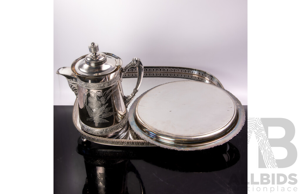 Hecworth Reproduction Sheffield Silver Plate Round Drinks Tray, Large Silver Plate Butlers Tray with Pierced Gallery with Meriden's Quadruple Plate Silver Plate Lidded Jug