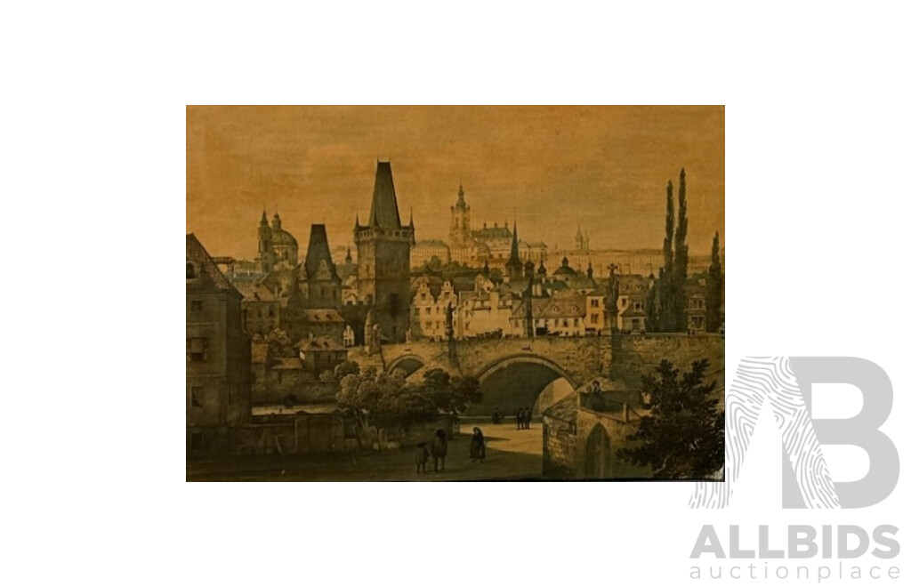 F.X. Sandmann (20th Century), View of Part of Prague in 1847, Coloured Lithograph Attached to Particle Board,  34 x 47 cm (edge to edge)