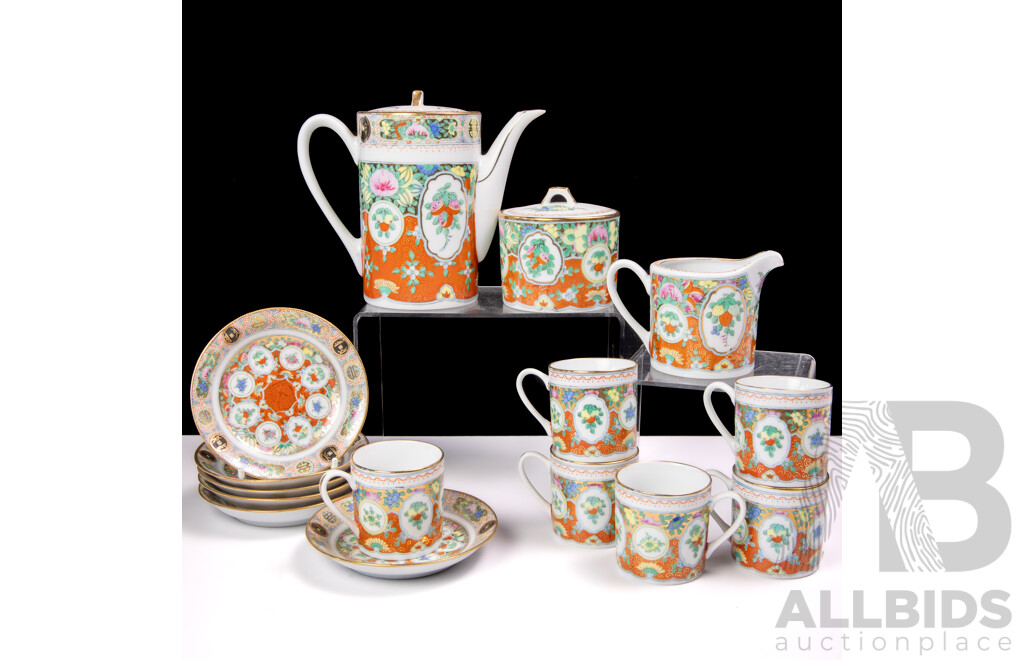 Vintage Chinese Hand Painted Famille Rose 15 Piece Tea Service