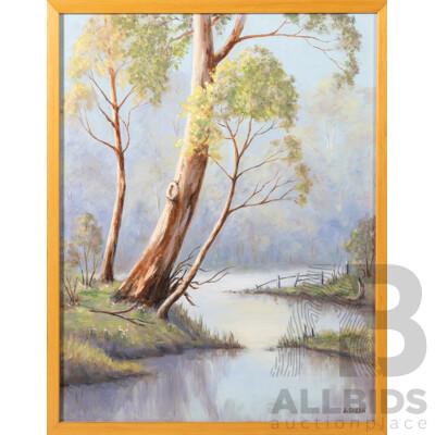 Doreen Green, (20th Century, Australian), Gum Tree by Winding River, Original Oil on Board, 45 x 35.5 cm (frame)