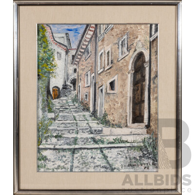 Benedetti (20th Century, Italian), Rocca Di Mezzo, Salita Dei Tre Archi [Middle Fortress; Climbing of the Three Arches], Wonderful Original Vintage Oil on Canvas Cloth, 65.5 x 56.5 cm (frame)
