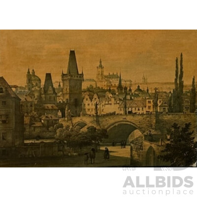 F.X. Sandmann (20th Century), View of Part of Prague in 1847, Coloured Lithograph Attached to Particle Board,  34 x 47 cm (edge to edge)