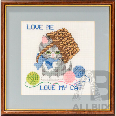 Artist Unknown, (20th Century, Australian), Love Me Love My Cat, Wonderful Handmade Cross Stitch, 32 x 32 cm (frame)