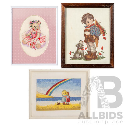 Artists Unknown (20th Century), Boy and Dog, Rainbow Friends & Pretty Teddy Bear, Trio of Miniature Framed Cross Stitches, 29 x 24 cm (largest frame)(3)