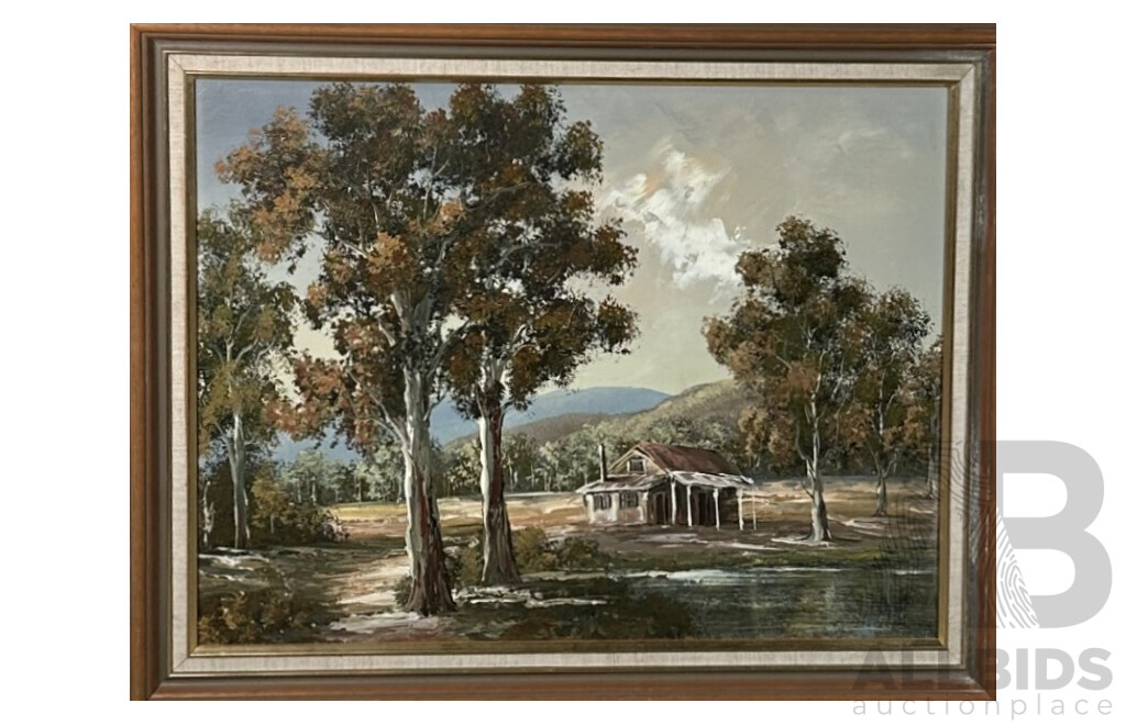 Artist Unknown (20th Century, Australian), Secluded Bush Home, Original Vintage Oil on Canvas Board, 55 x 69 cm (frame)