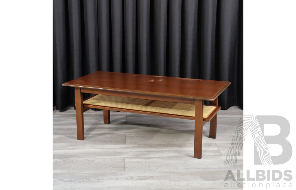 Vintage Veneered Coffee Table with Rattan Magazine Shelf