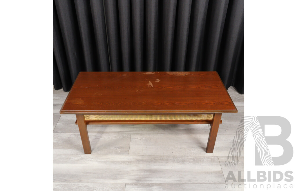 Vintage Veneered Coffee Table with Rattan Magazine Shelf