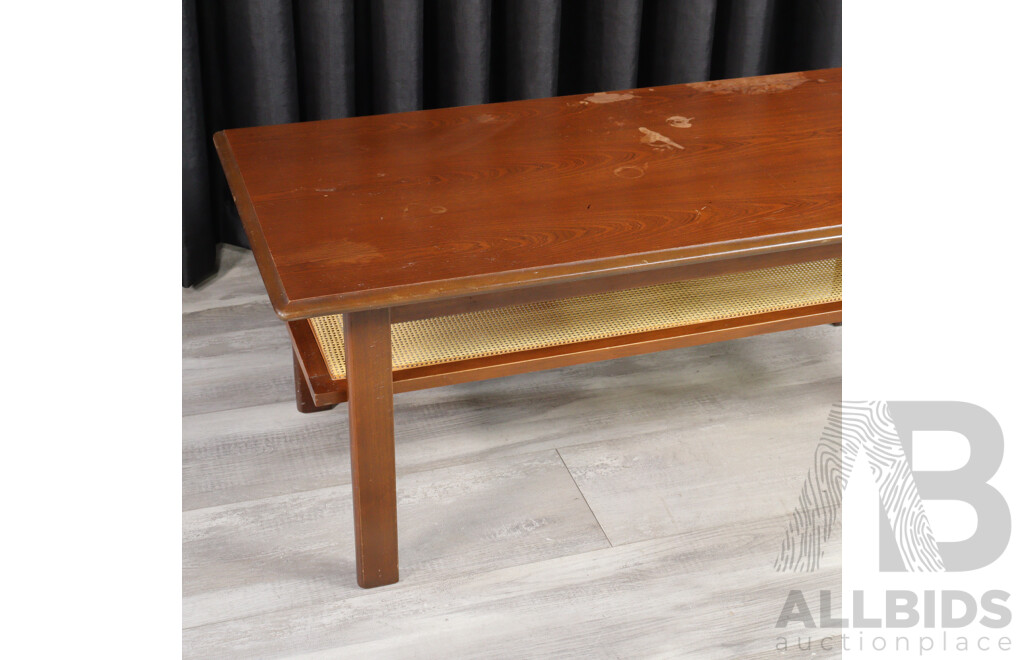Vintage Veneered Coffee Table with Rattan Magazine Shelf