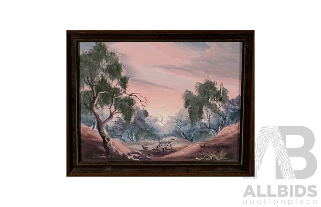 Valerie Collins, (20th Century, Australian), The Old Shed & The Old Man's Lunch Spot, Pair of Wonderful Original Vintage Oils on Canvas Board, 24 x 29 cm (frame) (2)