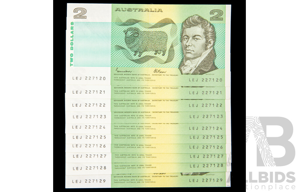 Ten Australian 1985 Two Dollar Notes, Johnston/Fraser R89 Consecutive LEJ 887120  -  LEJ 887129